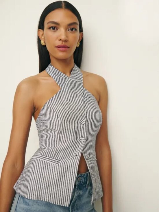 Reformation Tops - NWOT Reformation Tate Linen Top in Vineyard Navy Stripe Sleeveless Halter Size 4